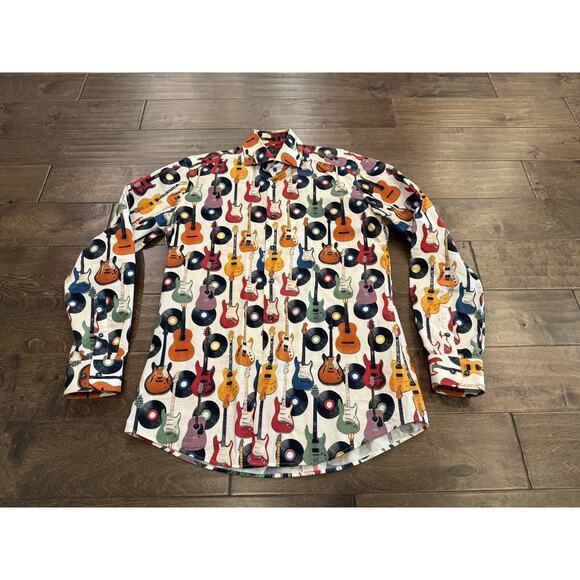 Vintage 717 Refined Mens Guitar Print Long Sleeve Button Shirt Size M MEDIUM - Picture 2 of 9